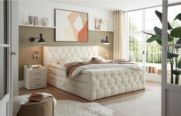 POSTELJA BOXSPRING 180 cm x 200 cm , tekstil, leseni material krem barve