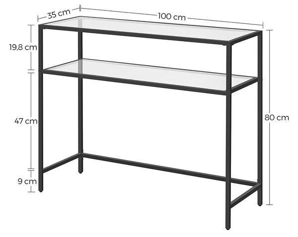 Vasagle konzolna miza z 2 policama 100 x 80 x 35 cm, kaljeno steklo, odlagalna polica, kovinsko ogrodje | VASAGLE