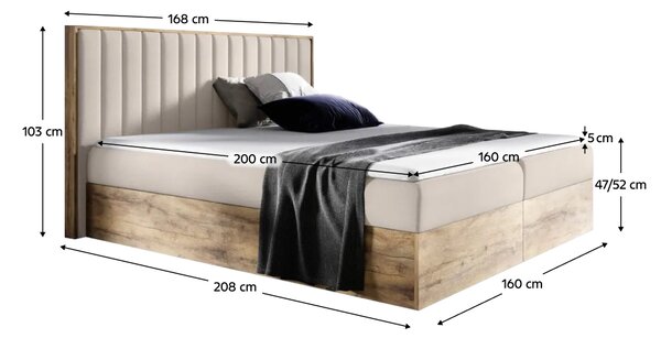 KONDELA Boxspring postelja, 160x200, bež tkanina Paros/hrast lancelot, WOOD 4