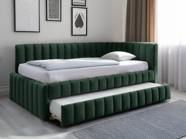 Oblazinjena postelja COMFINO VELVET z izvlečnim ležiščem 120 x 200 cm, temno zelena