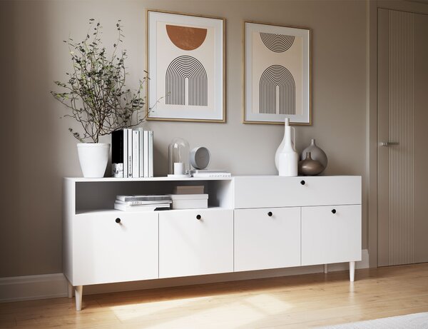 Komoda z omaricami in predalom DULLUM 200x75cm, bela