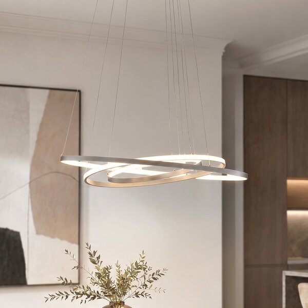 Lucande LED-visoka svetilka Ezana, nikelj, kovina, Ø 80 cm, zatemnjen, Siva, Dnevna soba / jedilnica, Kovina, Sodobni