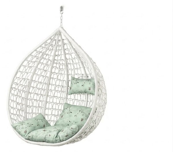 Beli viseči stol KOKON brez stojala, svetlo zelena blazina z vzorcem