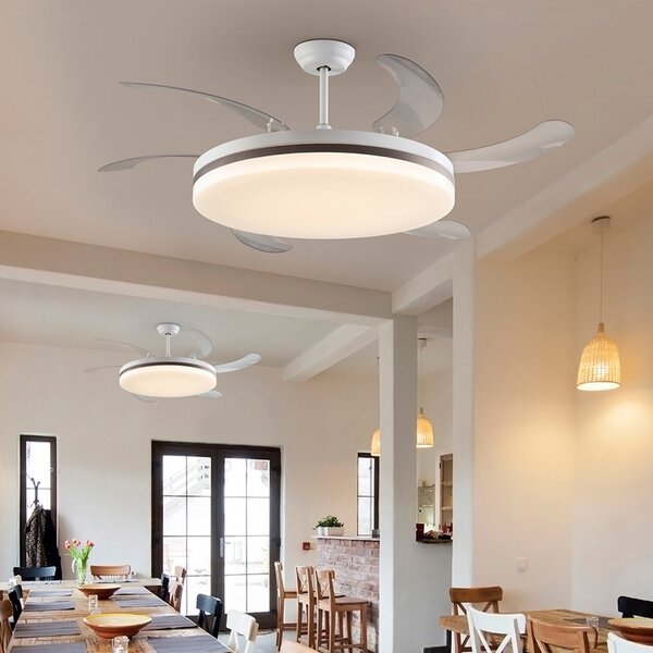Schuller Valencia LED stropni ventilator Vento bel/bronz/prozoren, Ø 150 cm tih, zatemnjen, Prozorna, Dnevna soba / jedilnica, Plastika, Sodobni