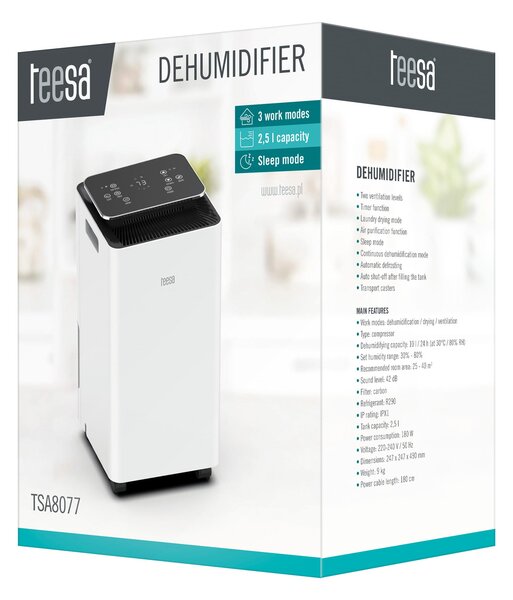 180W razvlaževalec in čistilec zraka LCD touch absorber vlage na kolesih 2,5L