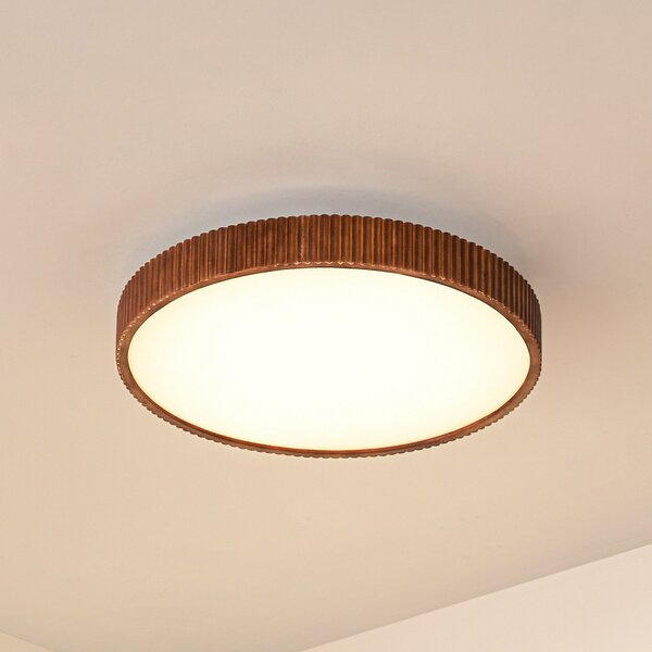 Lindby LED stropna svetilka Velua, bela/temno les, CCT, Ø 50 cm, zatemnjen, Les, Dnevna soba / jedilnica, Les, Sodobni