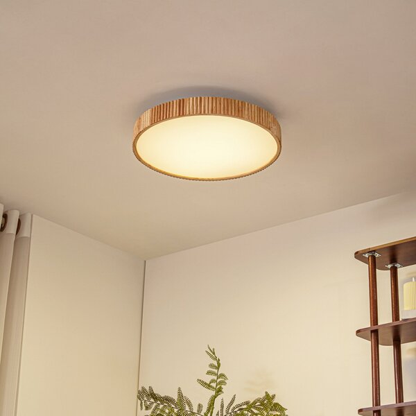 Lindby LED stropna svetilka Velua, bela/svetlo lesena, CCT, Ø 50 cm, zatemnjen, Les, Dnevna soba / jedilnica, Les, Sodobni