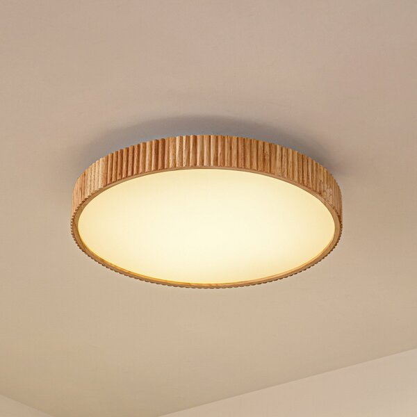 Lindby LED stropna svetilka Velua, bela/svetlo lesena, CCT, Ø 50 cm, zatemnjen, Les, Dnevna soba / jedilnica, Les, Sodobni