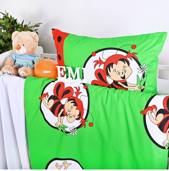 Otroška bombažna posteljnina čebelice zeleno-rdeča EMI, Blazina 45x65