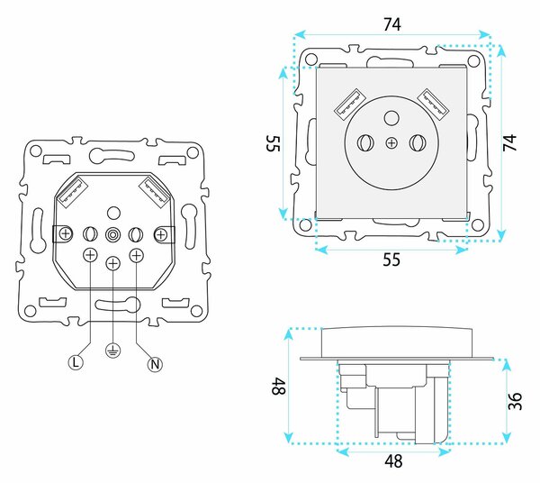 Enojna vtičnica z ozemljitvijo + 2x USB-A OSTE JNH003-G White