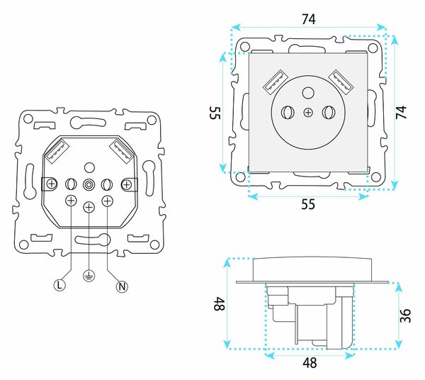 Enojna vtičnica z ozemljitvijo + 2x USB-A OSTE JNH003-G Grey
