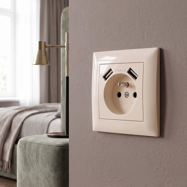 Enojna vtičnica z ozemljitvijo + 2x USB-A OSTE JNH003-G Beige
