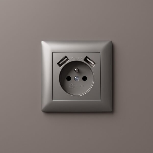 Enojna vtičnica z ozemljitvijo + 2x USB-A OSTE JNH003-G Grey