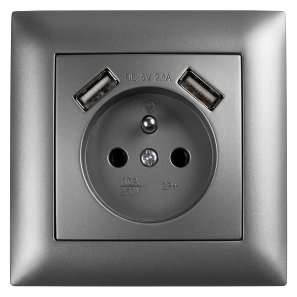 Enojna vtičnica z ozemljitvijo + 2x USB-A OSTE JNH003-G Grey