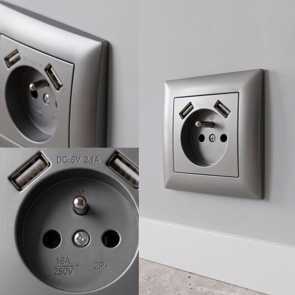 Enojna vtičnica z ozemljitvijo + 2x USB-A OSTE JNH003-G Grey