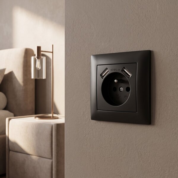 Enojna vtičnica z ozemljitvijo + 2x USB-A OSTE JNH003-G Black