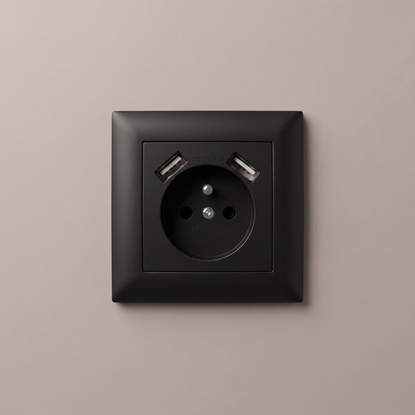 Enojna vtičnica z ozemljitvijo + 2x USB-A OSTE JNH003-G Black