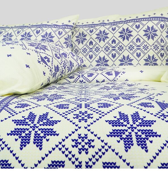 BOMBAŽNA POSTELJNINA ETNO KREM-MODRA EMI, Standardni enojni posteljni komplet vključuje 1x 140x200 + 1x 70x90