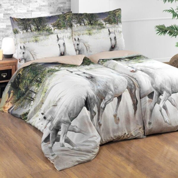 BOMBAŽNA POSTELJNINA 3D HORSES, Standardni enojni posteljni komplet vključuje 1x 140x200 + 1x 70x90