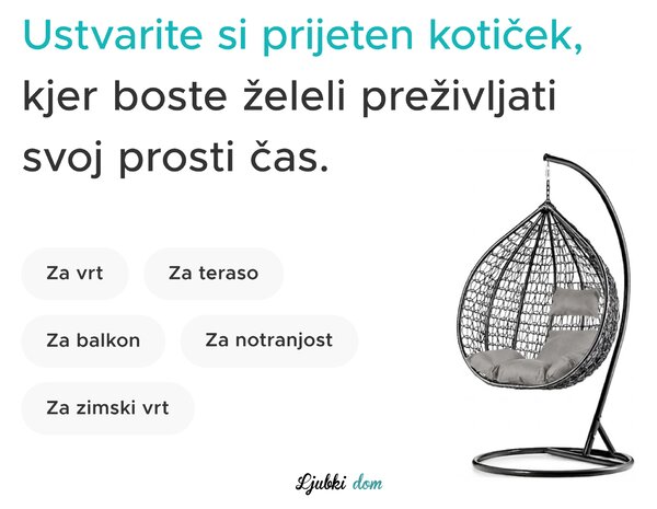 Črni viseči stol KOKON brez stojala, siva blazina