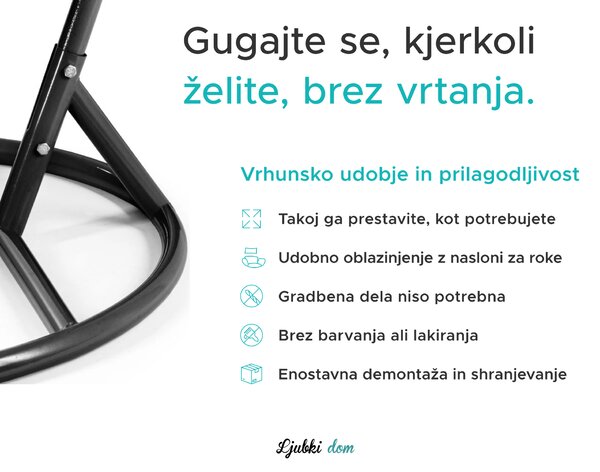 Črni viseči stol KOKON brez stojala, siva blazina