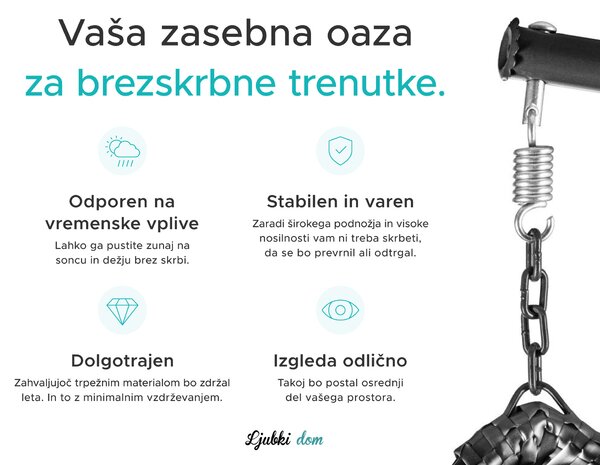 Črni viseči stol KOKON brez stojala, siva blazina