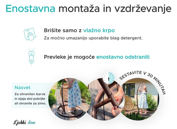 Črni viseči stol KOKON brez stojala, siva blazina