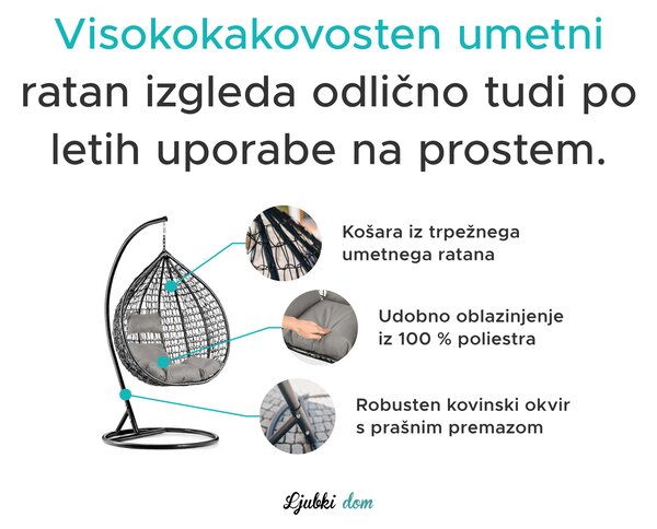 Črni viseči stol KOKON brez stojala, siva blazina