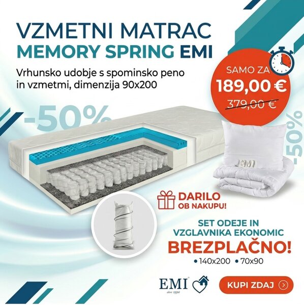 Vzmetna vzmetnica Memory Spring EMI 90x200 + Set za spanje BREZPLAČNO
