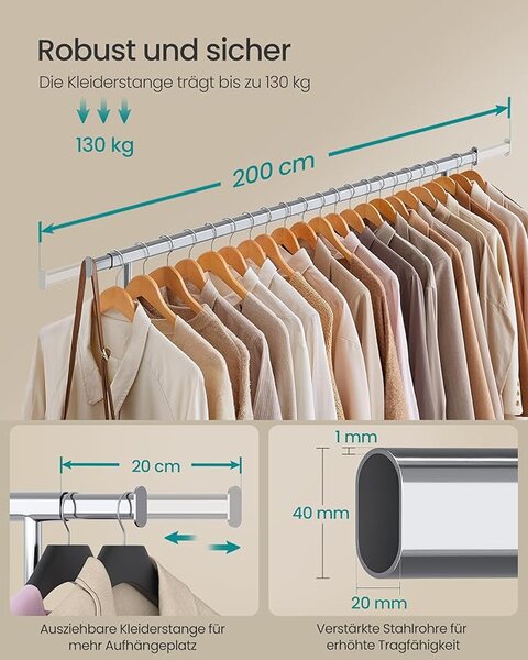 Raztegljivo stojalo za oblačila, nosilnost do 150 kg, srebrne barve | SONGMICS