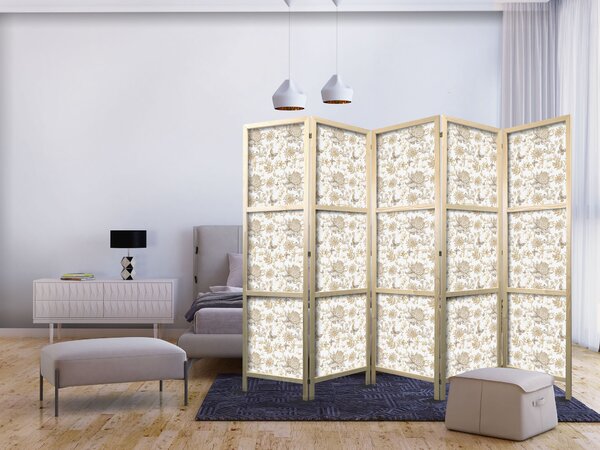 Japanski paravan - Beige Shades of Nature - Flowers and Butterflies on a White Background - Illustration