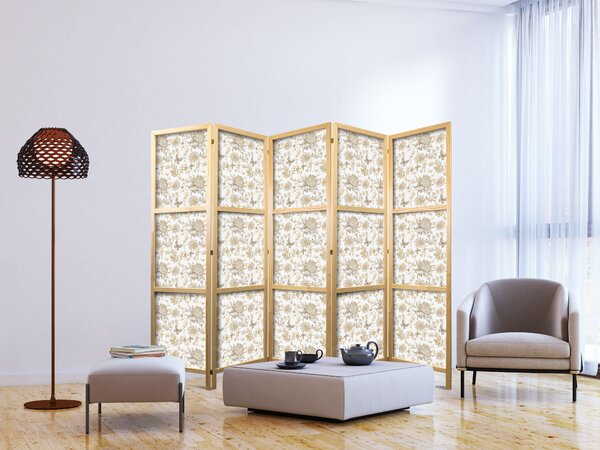 Japanski paravan - Beige Shades of Nature - Flowers and Butterflies on a White Background - Illustration