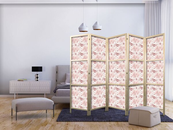 Japanski paravan - Pink Blossoming - Flowers in Warm Colors on a White Background