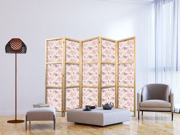 Japanski paravan - Pink Blossoming - Flowers in Warm Colors on a White Background