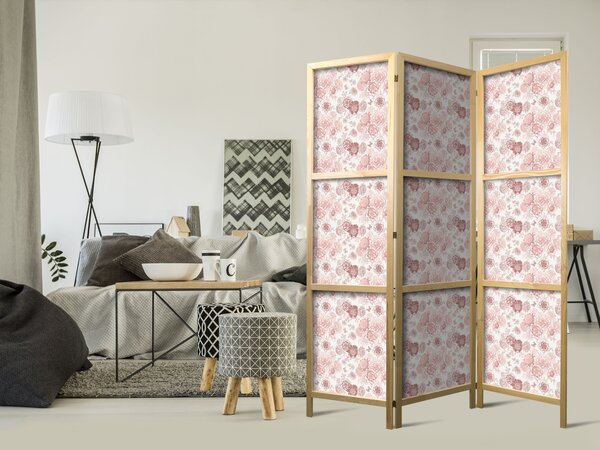 Japanski paravan - Pink Blossoming - Flowers in Warm Colors on a White Background