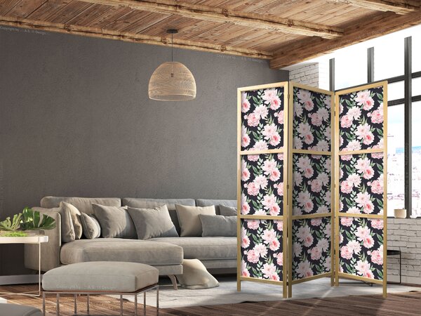 Japanski paravan - Peonies - Pink Flowers and Green Leaves on a Graphite Background