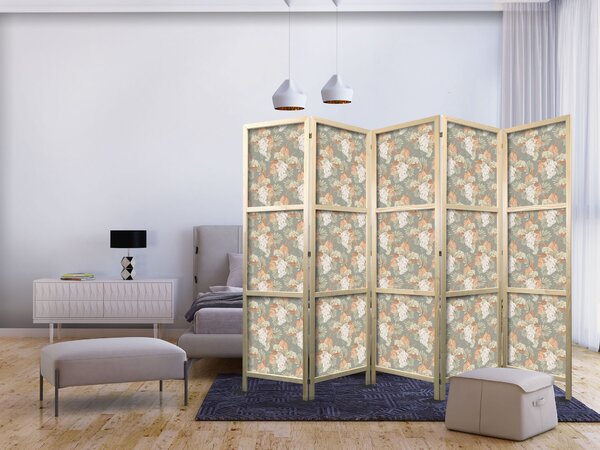 Japanski paravan - Little Bouquets - Exotic Flowers and Leaves on a Gray-Green Background