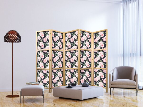 Japanski paravan - Peonies - Pink Flowers and Green Leaves on a Graphite Background