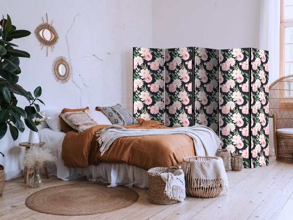 Paravan - Peonies - Pink Flowers and Green Leaves on a Graphite Background