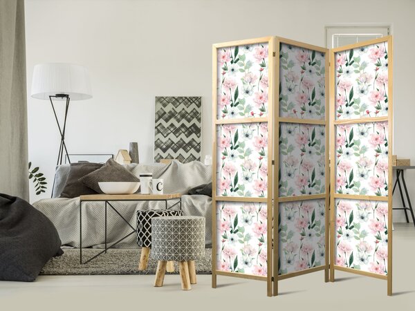 Japanski paravan - Peonies - Pink and White Flowers and Green Leaves on a White Background