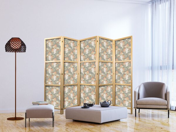Japanski paravan - Little Bouquets - Exotic Flowers and Leaves on a Gray-Green Background