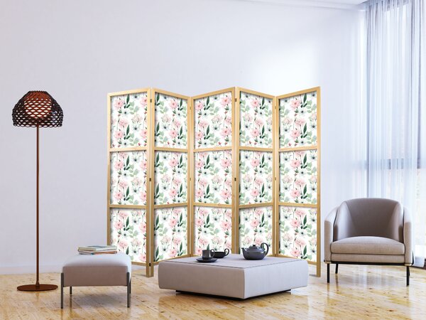 Japanski paravan - Peonies - Pink and White Flowers and Green Leaves on a White Background