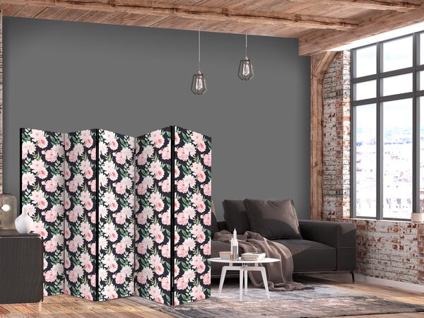 Paravan - Peonies - Pink Flowers and Green Leaves on a Graphite Background