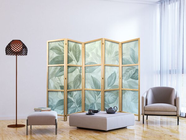 Japanski paravan - Large Leaves in Green-Mint Shades - Botanical Motif
