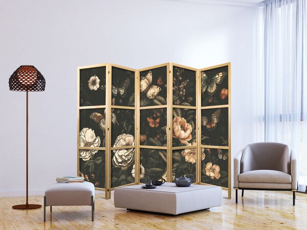 Japanski paravan - Mysterious Garden - Butterflies Flying Over Flowers - Rustic Evening