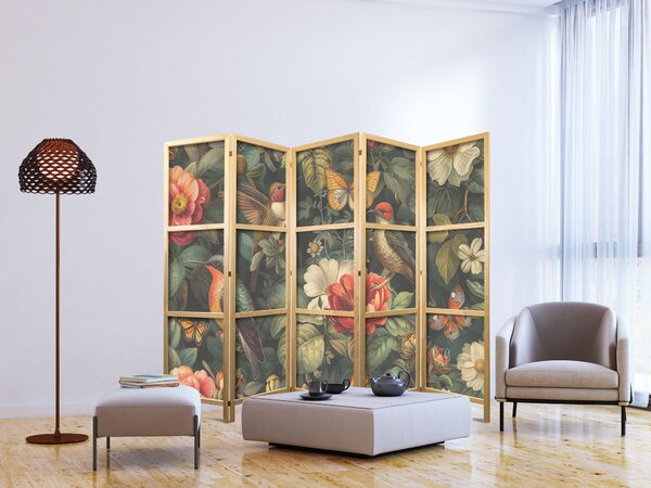 Japanski paravan - In the Botanical Garden - Flowers Birds and Butterflies - Colorful Illustration