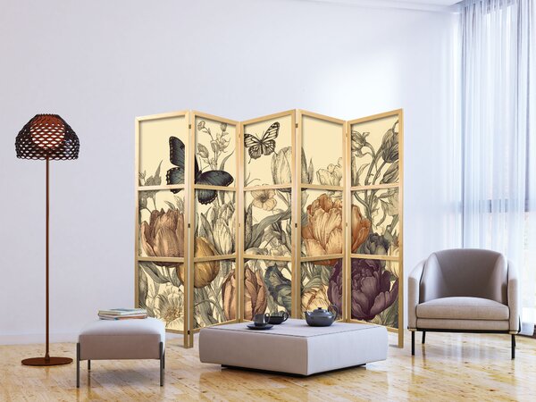 Japanski paravan - Tulips in Cream - Illustration of Flowers and Butterflies on a Light Background