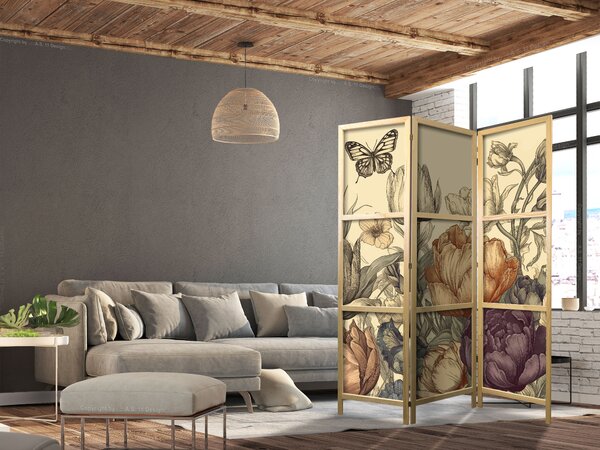 Japanski paravan - Tulips in Cream - Illustration of Flowers and Butterflies on a Light Background