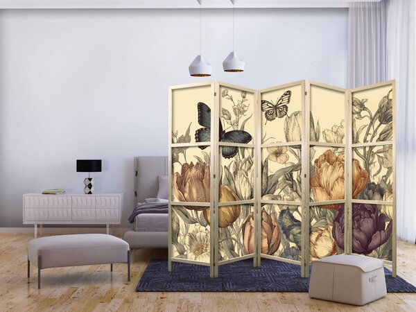 Japanski paravan - Tulips in Cream - Illustration of Flowers and Butterflies on a Light Background