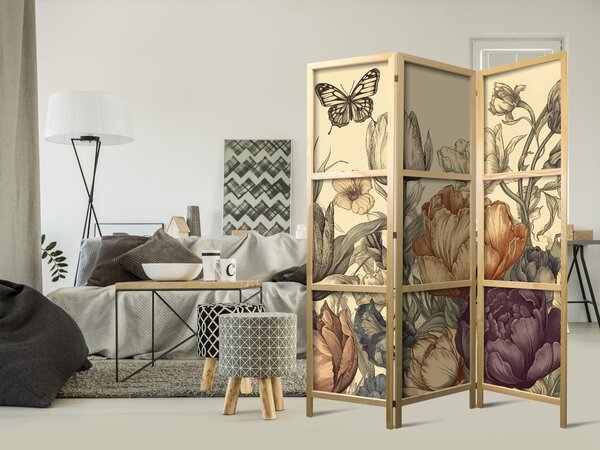 Japanski paravan - Tulips in Cream - Illustration of Flowers and Butterflies on a Light Background